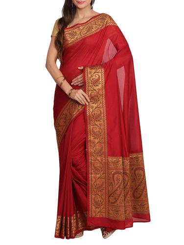 red cotton silk bordered saree with blouse - 14907887 - Very Small Image - 1