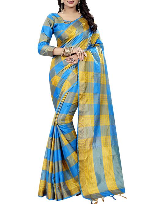 blue cotton silk ikat saree with blouse - 14907925 - Standard Image - 1