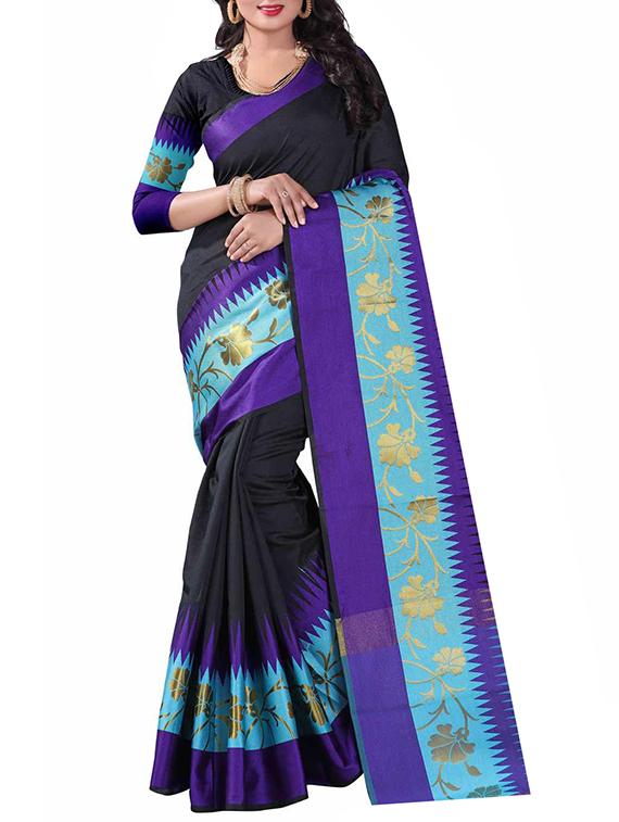 black cotton woven saree with blouse - 14907928 - Zoom Image - 1