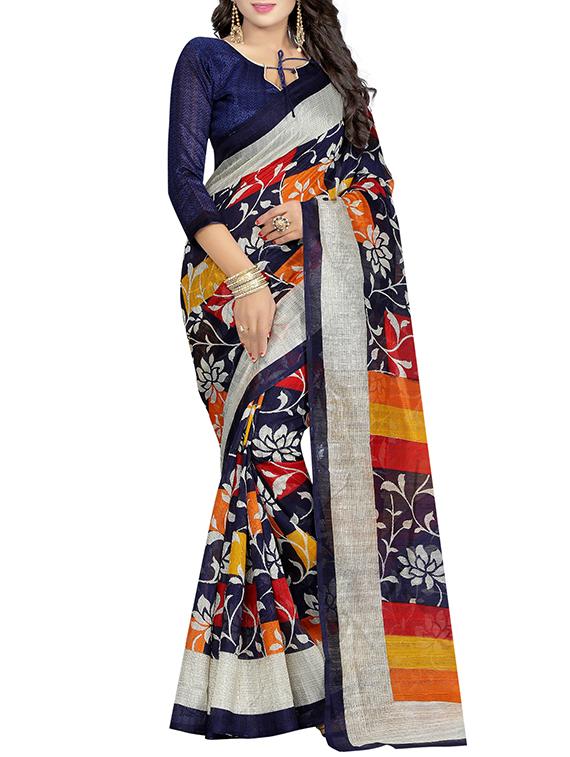 blue silk blend printed saree with blouse - 14907961 - Zoom Image - 1