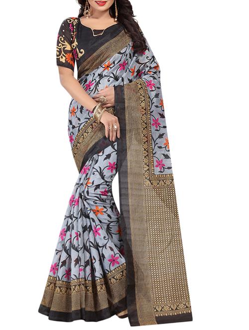 black silk blend printed saree with blouse - 14907963 - Standard Image - 1