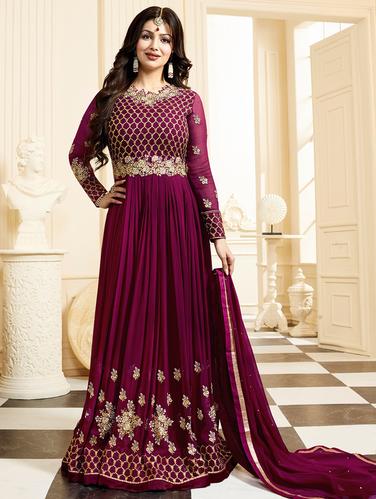 purple georgette semi-stitched flared suit - 14907980 - Very Small Image - 1