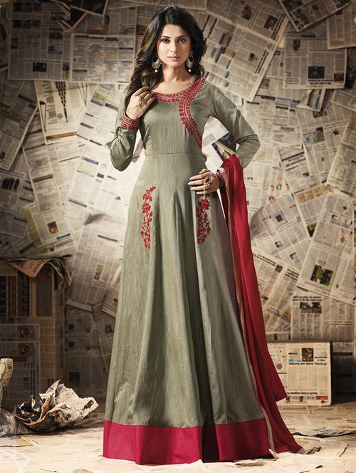 Embroidered semi-stitched Anarkali suit - 14908004 - Very Small Image - 1