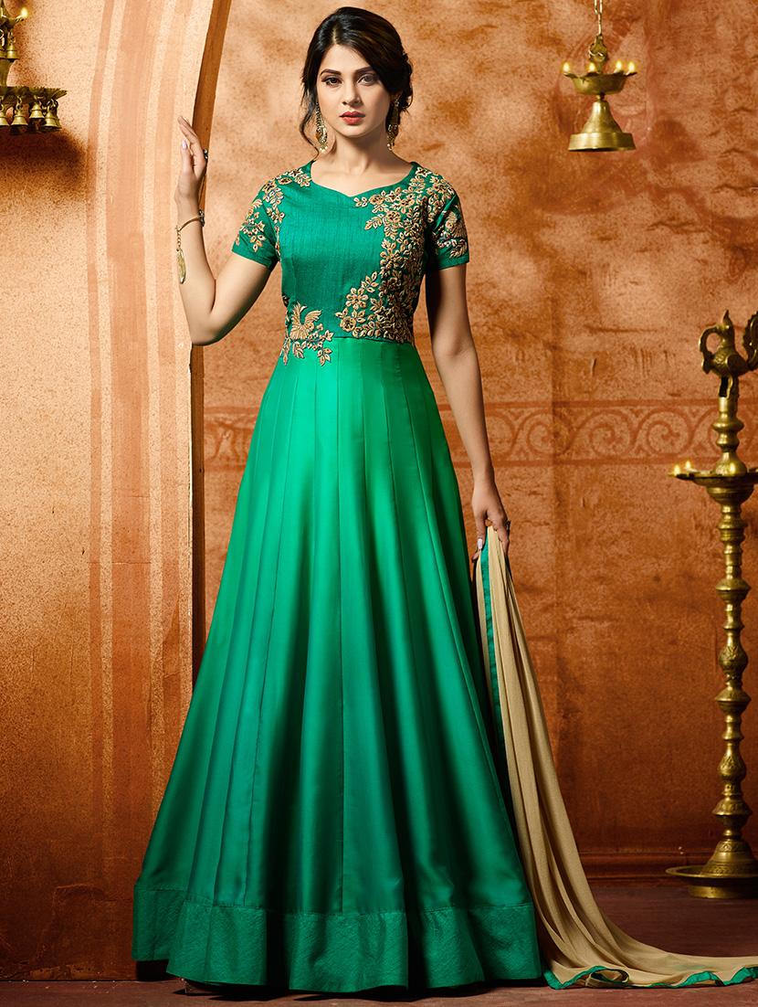 green silk semi-stitched Anarkali suit - 14908023 - Zoom Image - 1