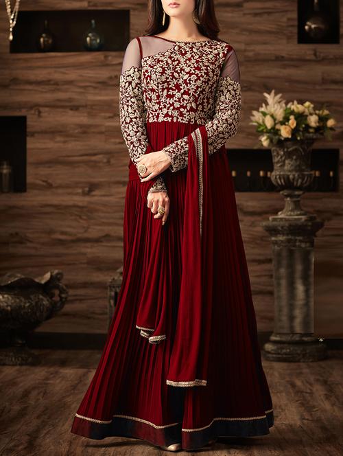 maroon georgette semi-stitched flared suit - 14908025 - Standard Image - 1