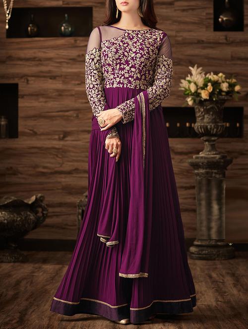 purple georgette semi-stitched flared suit - 14908026 - Very Small Image - 1
