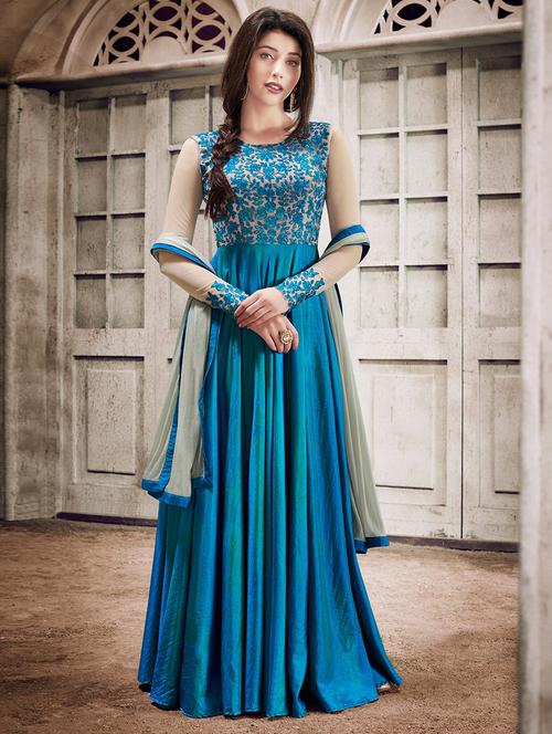 sky blue silk flared suits semistitched suit - 14908027 - Standard Image - 1