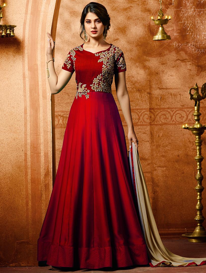 red silk semi-stitched anarkali suit - 14908030 - Zoom Image - 1