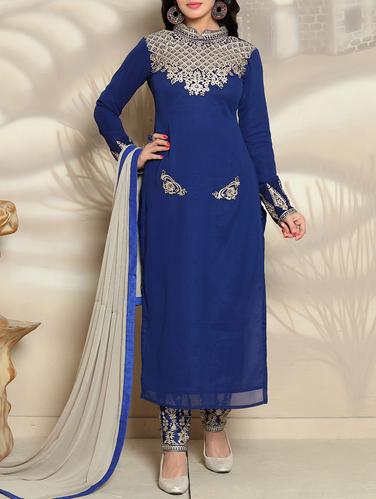 blue georgette semi-stitched straight pant suit - 14908031 - Very Small Image - 1