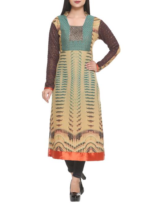 beige cotton blend straight kurta - 14908237 - Standard Image - 1