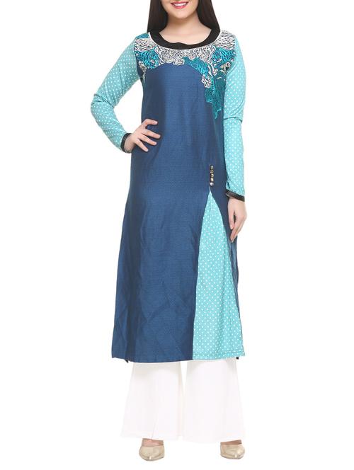 blue cotton blend straight kurta - 14908260 - Standard Image - 1