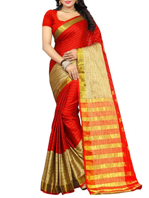 red cotton silk woven saree with blouse - 14908539 - Very Small Image - 1