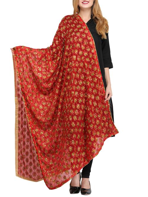 red poly chiffon phulkari dupatta - 14908734 - Standard Image - 1