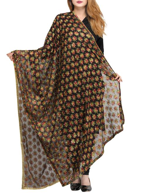 black poly chiffon phulkari dupatta - 14908737 - Standard Image - 1