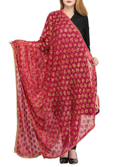 magenta poly chiffon phulkari dupatta - 14908740 - Standard Image - 1