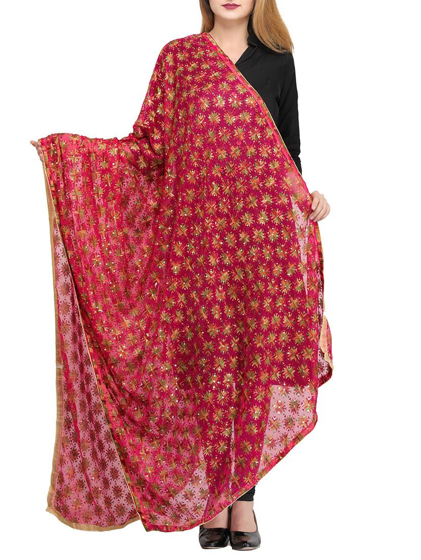 magenta poly chiffon phulkari dupatta - 14908740 - Zoom Image - 1