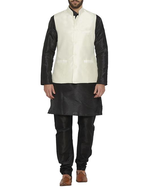 black dupion kurta pyjama set with white nehru jacket - 14909072 - Standard Image - 1