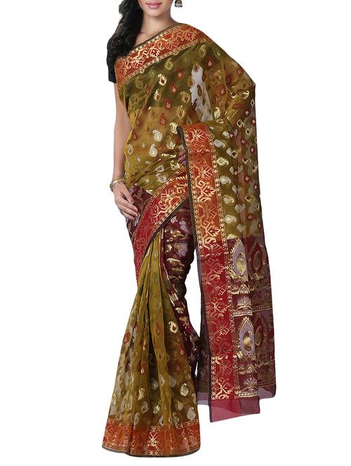 green cotton silk woven saree with blouse - 14909277 - Very Small Image - 1