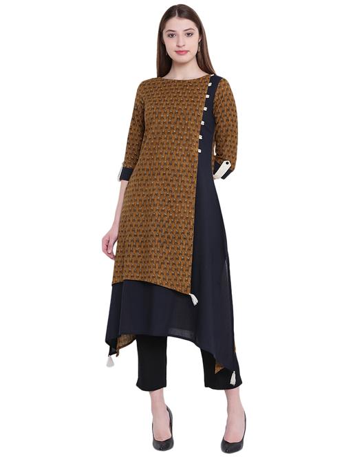 brown cotton blend layered kurta - 14909407 - Standard Image - 1