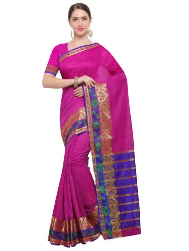 Zari bordered chanderi saree with blouse - 14909542 - Very Small Image - 1