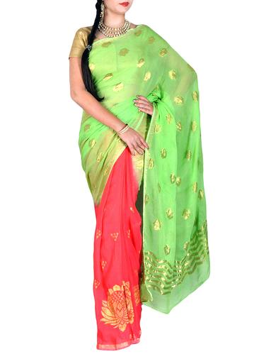 green georgette woven saree with blouse - 14909582 - Very Small Image - 1