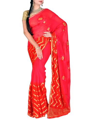 red georgette woven saree with blouse - 14909597 - Very Small Image - 1