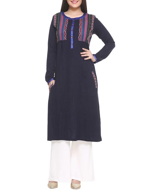 blue acrylic straight woolen kurta - 14910029 - Very Small Image - 1