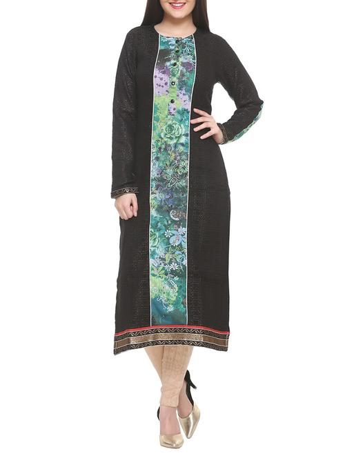 black cotton blend straight kurta - 14910039 - Standard Image - 1