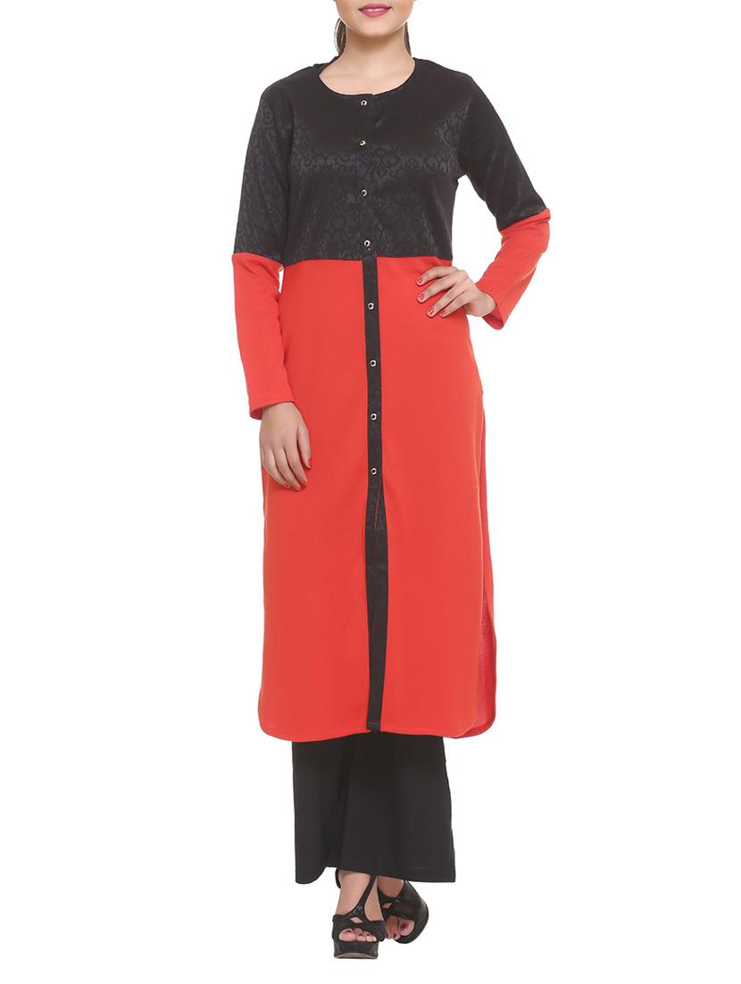red cotton blend straight kurta - 14910043 - Zoom Image - 1