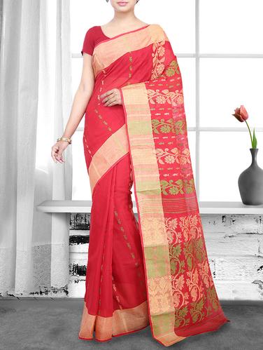 red cotton handloom saree - 14910065 - Very Small Image - 1