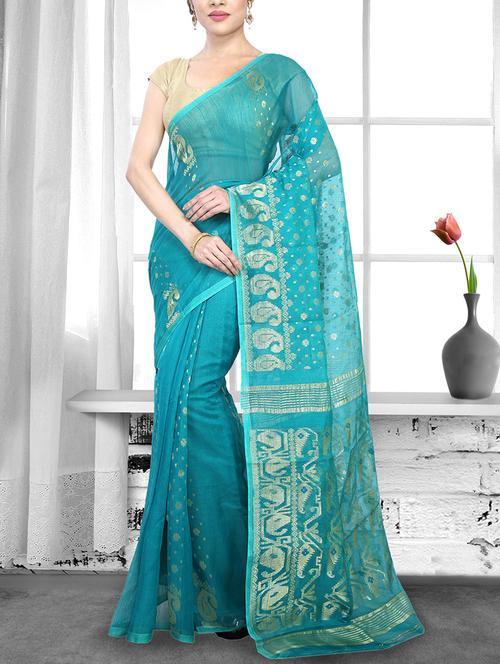 turquoise cotton silk handloom saree - 14910080 - Very Small Image - 1