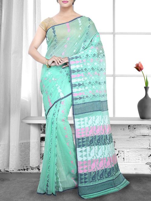 turquoise cotton silk handloom saree - 14910096 - Very Small Image - 1