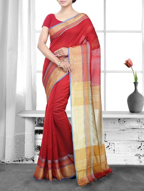 red cotton handloom saree - 14910115 - Very Small Image - 1