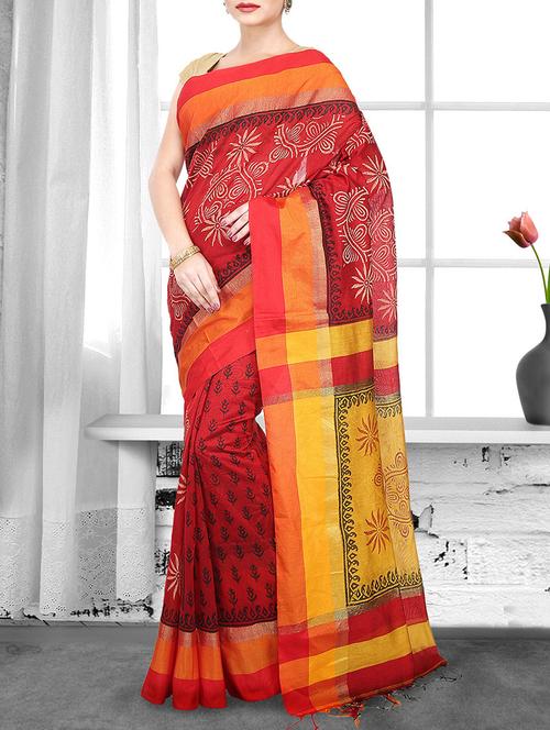 red cotton handloom saree - 14910130 - Very Small Image - 1