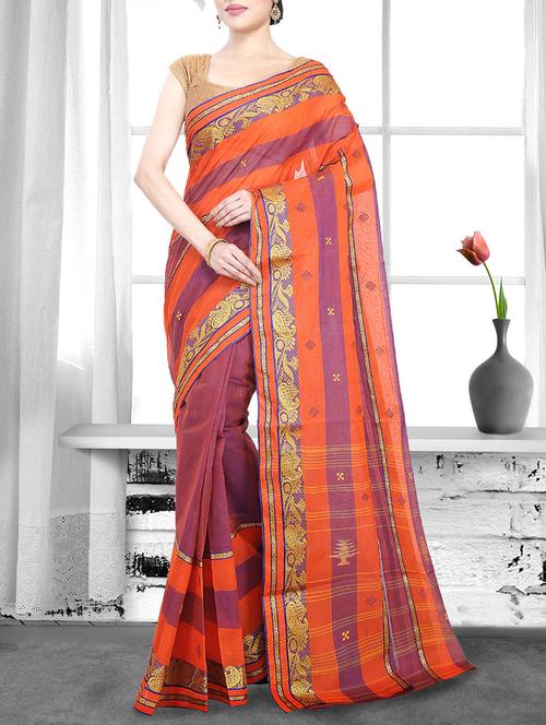 orange cotton handloom saree - 14910139 - Standard Image - 1