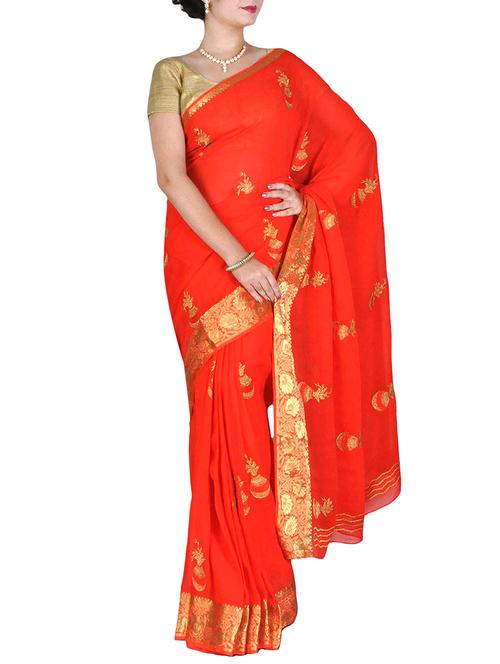 orange georgette woven saree with blouse - 14910387 - Very Small Image - 1