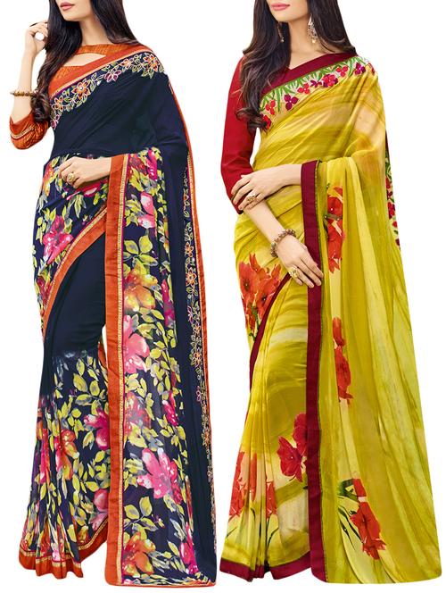 multicolor georgette printed saree combo with blouse - 14910403 - Very Small Image - 1