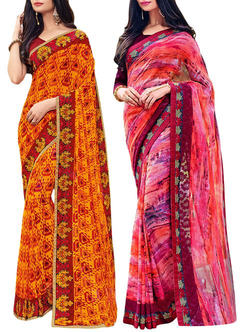 set of 2 multicolor georgette printed saree combo with blouse - 14910409 - Very Small Image - 1