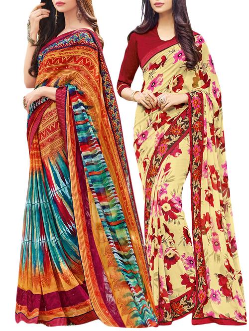 set of 2 multicolor georgette printed saree combo with blouse - 14910411 - Very Small Image - 1