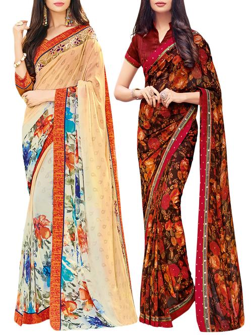 set of 2 multicolor georgette printed saree combo with blouse - 14910412 - Very Small Image - 1