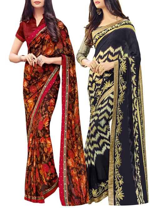 set of 2 multicolor georgette printed saree combo with blouse - 14910413 - Very Small Image - 1