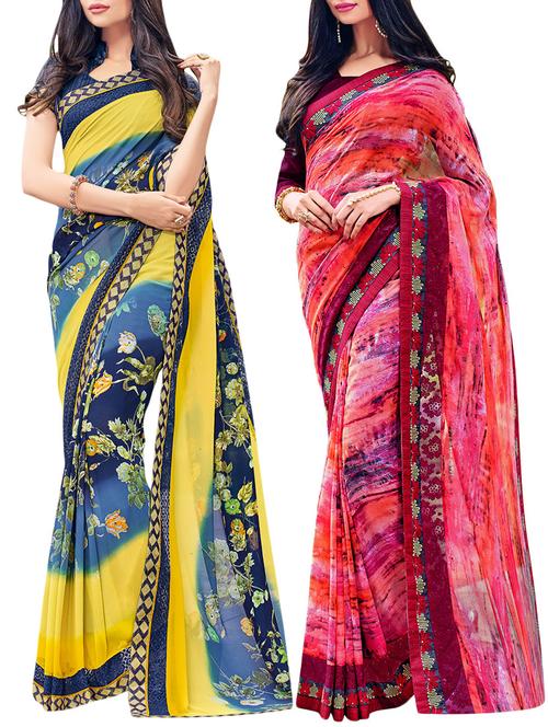 set of 2 multicolor georgette printed saree combo with blouse - 14910416 - Very Small Image - 1