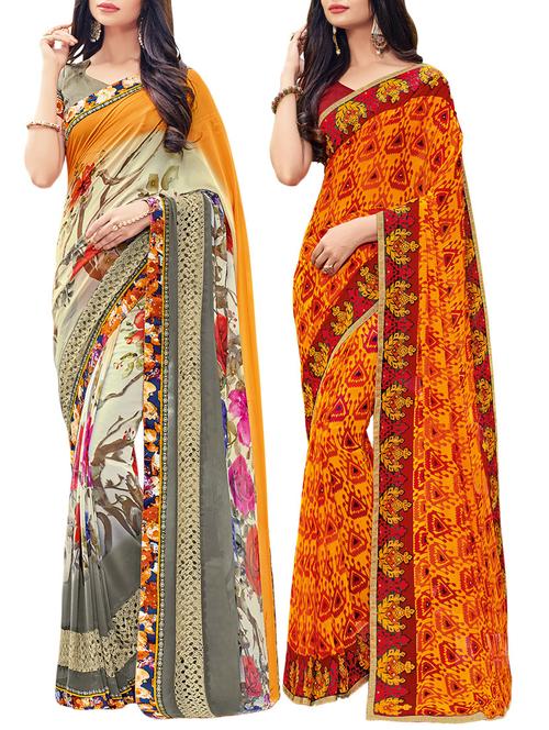set of 2 multicolor georgette printed saree combo with blouse - 14910418 - Very Small Image - 1