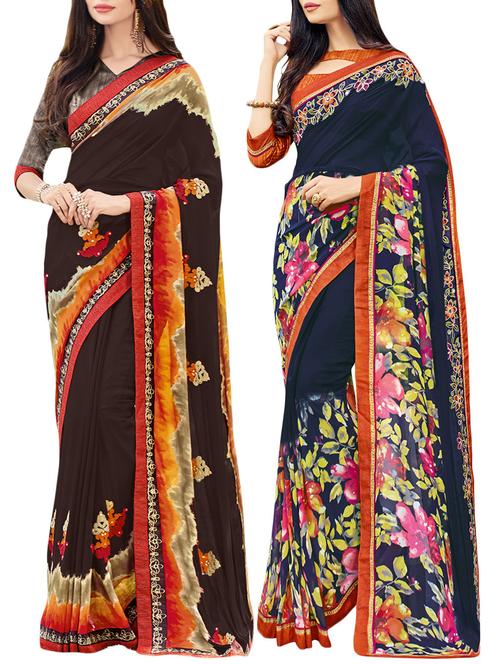 set of 2 multicolor georgette printed saree combo with blouse - 14910419 - Very Small Image - 1