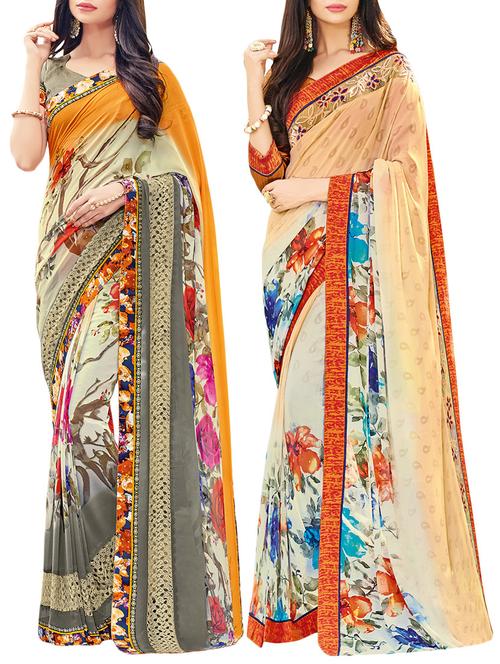 set of 2 multicolor georgette printed saree combo with blouse - 14910420 - Very Small Image - 1