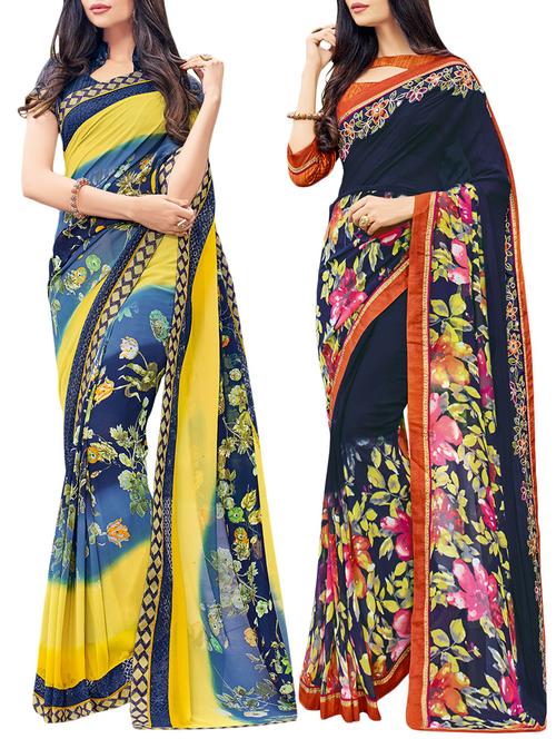 set of 2 multicolor georgette printed saree combo with blouse - 14910422 - Very Small Image - 1