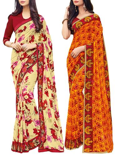 set of 2 multicolor georgette printed saree combo with blouse - 14910425 - Very Small Image - 1