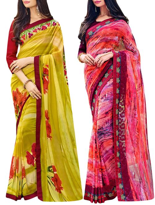 set of 2 multicolor georgette printed saree combo with blouse - 14910426 - Very Small Image - 1