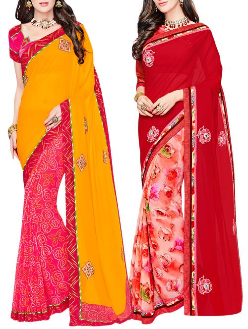 set of 2 multicolor georgette printed saree combo with blouse - 14910427 - Very Small Image - 1