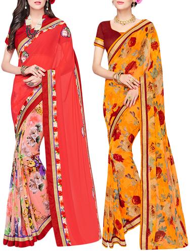 set of 2 multicolor georgette printed saree combo with blouse - 14910429 - Very Small Image - 1